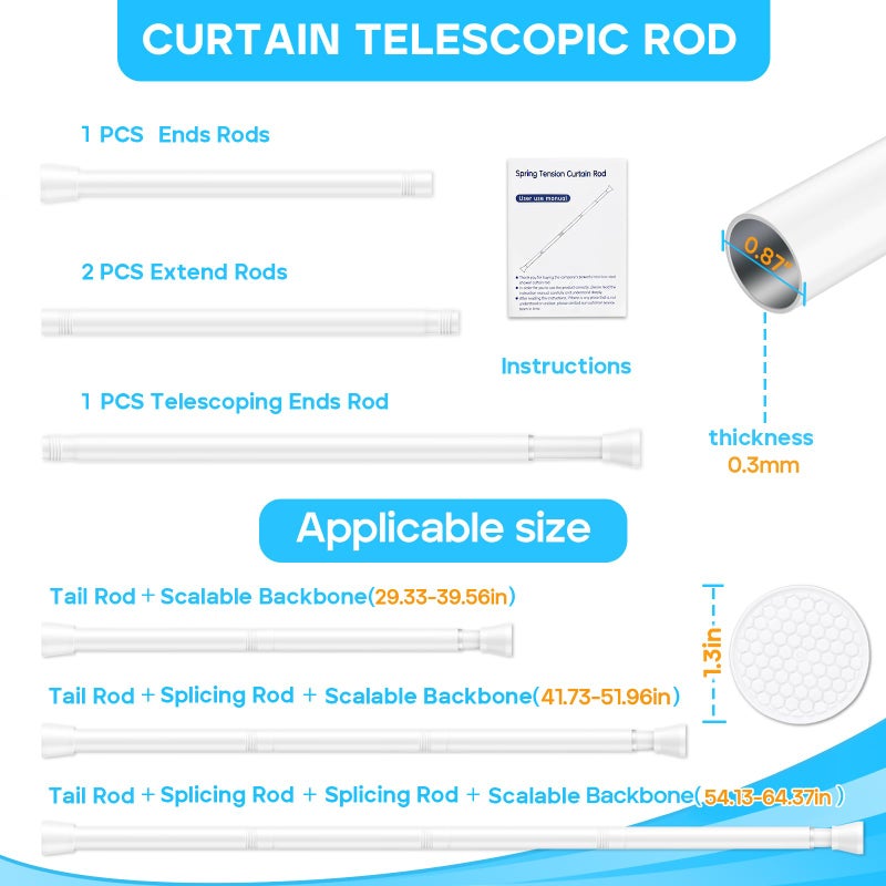 MEXAU Tension Curtain Rod 30 to 64 Inch White Curtain Rod Adjustable Expandable Spring Tension Curtain Rod No Drilling 7/8" Spring Loaded Curtain Rods for Windows Bedroom Closet Doorway Door - Image 2