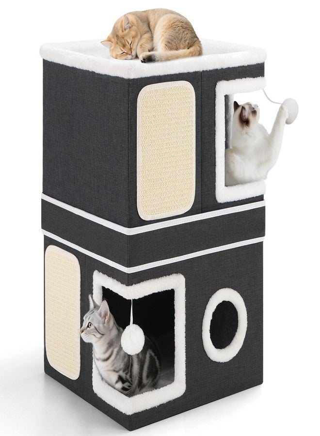 Shikha 2-Storey Cat House for Indoor Cats, Separate Into 2 Large Cat Bed Cave with Hideaway Condos, Scratch Pads, Hanging Balls, Foldable Indoor Cat House, Cat Cube for Multiple Cats Kitten, Black - Image 1