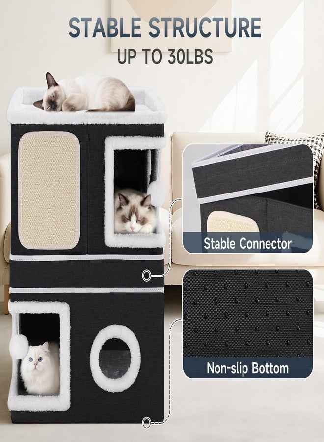 Shikha 2-Storey Cat House for Indoor Cats, Separate Into 2 Large Cat Bed Cave with Hideaway Condos, Scratch Pads, Hanging Balls, Foldable Indoor Cat House, Cat Cube for Multiple Cats Kitten, Black - Image 5