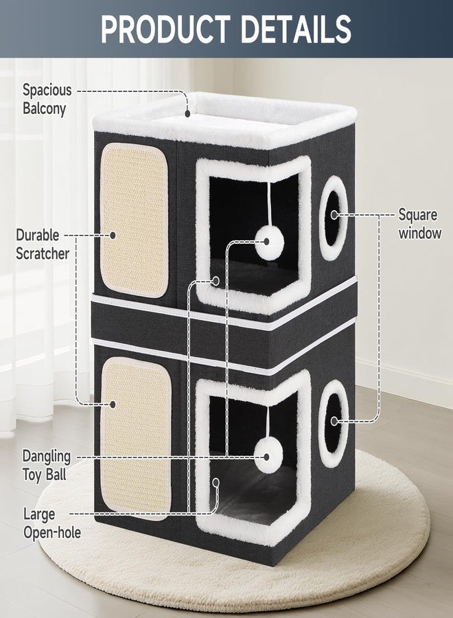 Shikha 2-Storey Cat House for Indoor Cats, Separate Into 2 Large Cat Bed Cave with Hideaway Condos, Scratch Pads, Hanging Balls, Foldable Indoor Cat House, Cat Cube for Multiple Cats Kitten, Black - Image 4