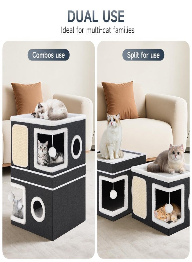 Shikha 2-Storey Cat House for Indoor Cats, Separate Into 2 Large Cat Bed Cave with Hideaway Condos, Scratch Pads, Hanging Balls, Foldable Indoor Cat House, Cat Cube for Multiple Cats Kitten, Black - Image 2
