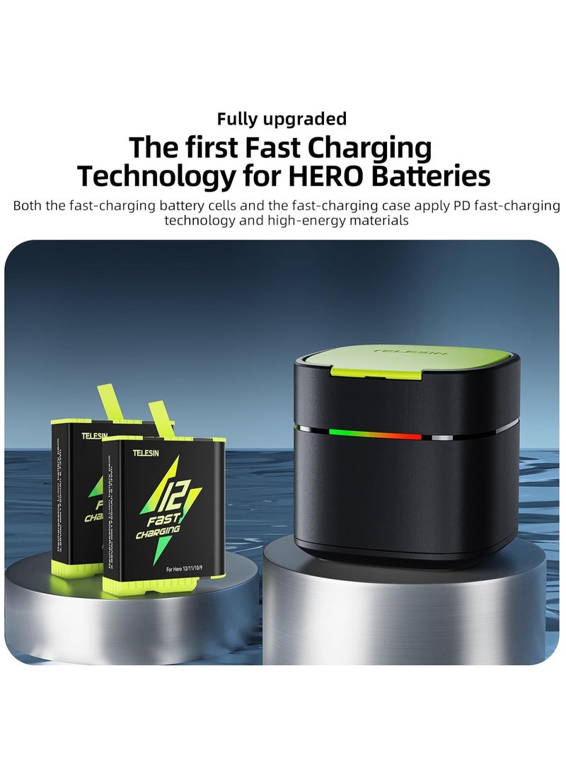 SYOSI Battery Charger for Go Pro Hero 12 11 10 9, USB-C 2A Fast Charging Box Set TF Card Storage, Portable Charger 2-Channel Battery Charging Storage (Black Fast Battery Charger Kit) - Image 2