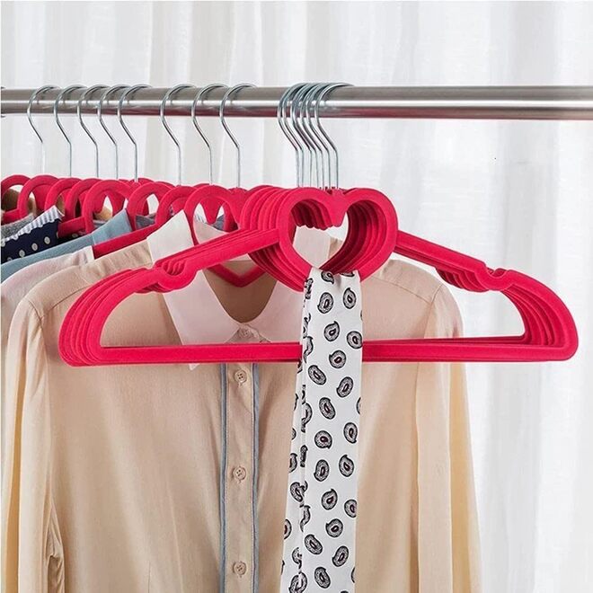 Harmony Homes Velvet Heart-Shaped Clothes Hangers – Non-Slip Plush Hangers for Shirts, Scarves, Abayas & Dresses, Lightweight & Space Saving Design – Pack of 30 (Rose Red) - Image 2