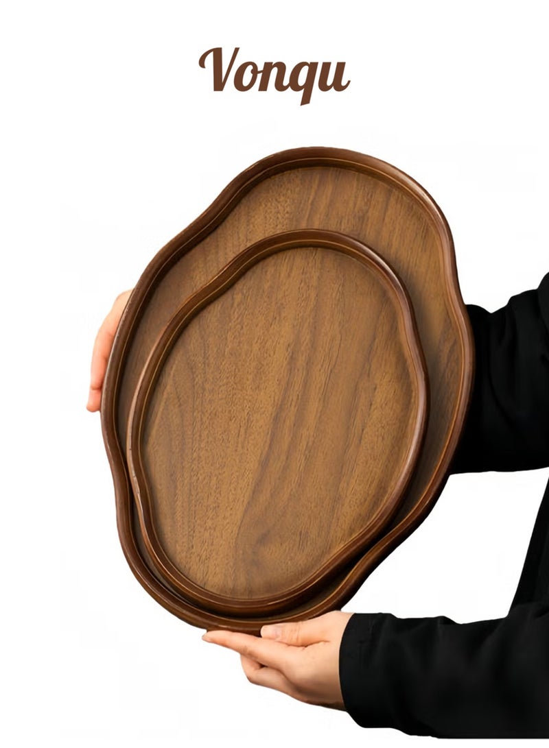 Vonqu 2 Pcs Large Black Walnut Wood Tray Set, Serve Tea, Coffee, Classic Circular Wooden Decorative Serving Tray with Raised Edges(Black Walnut-29*21*2.3CM+37**26*2.3CM) - Image 1