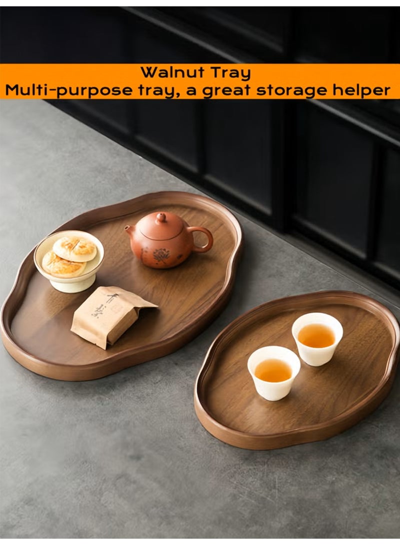 Vonqu 2 Pcs Large Black Walnut Wood Tray Set, Serve Tea, Coffee, Classic Circular Wooden Decorative Serving Tray with Raised Edges(Black Walnut-29*21*2.3CM+37**26*2.3CM) - Image 3