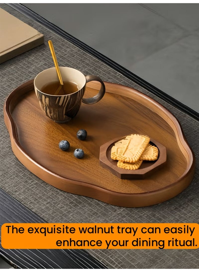 Vonqu 2 Pcs Large Black Walnut Wood Tray Set, Serve Tea, Coffee, Classic Circular Wooden Decorative Serving Tray with Raised Edges(Black Walnut-29*21*2.3CM+37**26*2.3CM) - Image 2