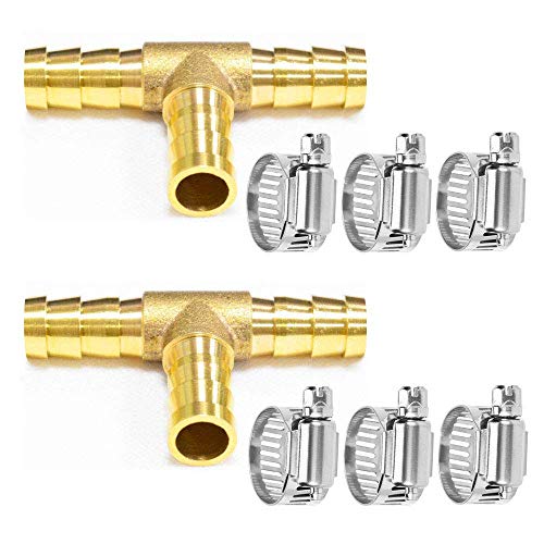Da by 2 pcs 3/8"(10mm) Brass Tee Barb Fittings for 3/8" ID Hose,6 pcs Stainless Steel Pipe Clamps,3 Way Union Intersection for Water/Fuel/Air(T) - Image 1