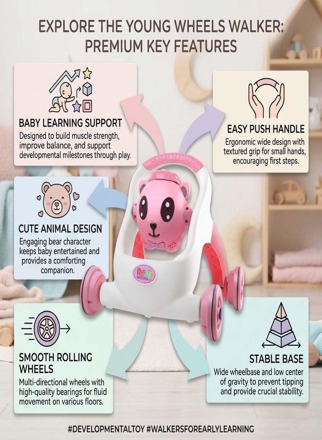 Maskeen Push Walker for Baby Bear Theme, Toddler Walking Toy Plastic Push Walker for Babies and Toddlers Educational Activity Walker Toy with Learning Features (Pink) - Image 5