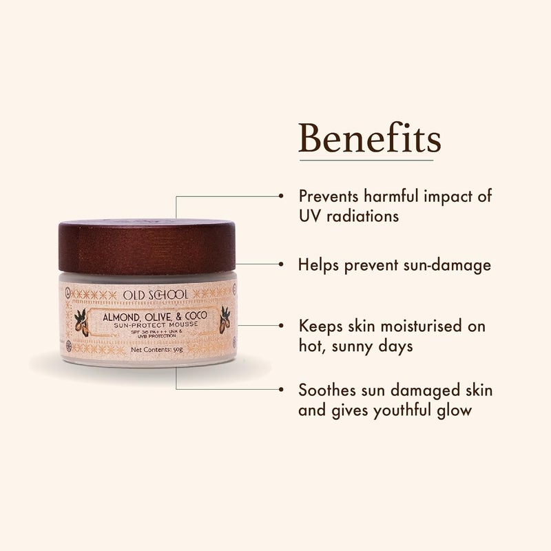 Old School Rituals SPF 36 PA SunProtect Mousse  Sunscreen with Almond Olive  Coconut Extracts  Lightweight  Hydrating Formula for Sun Protection Tanning Prevention  Skin Nourishment for All Skin Types  50g - Image 3