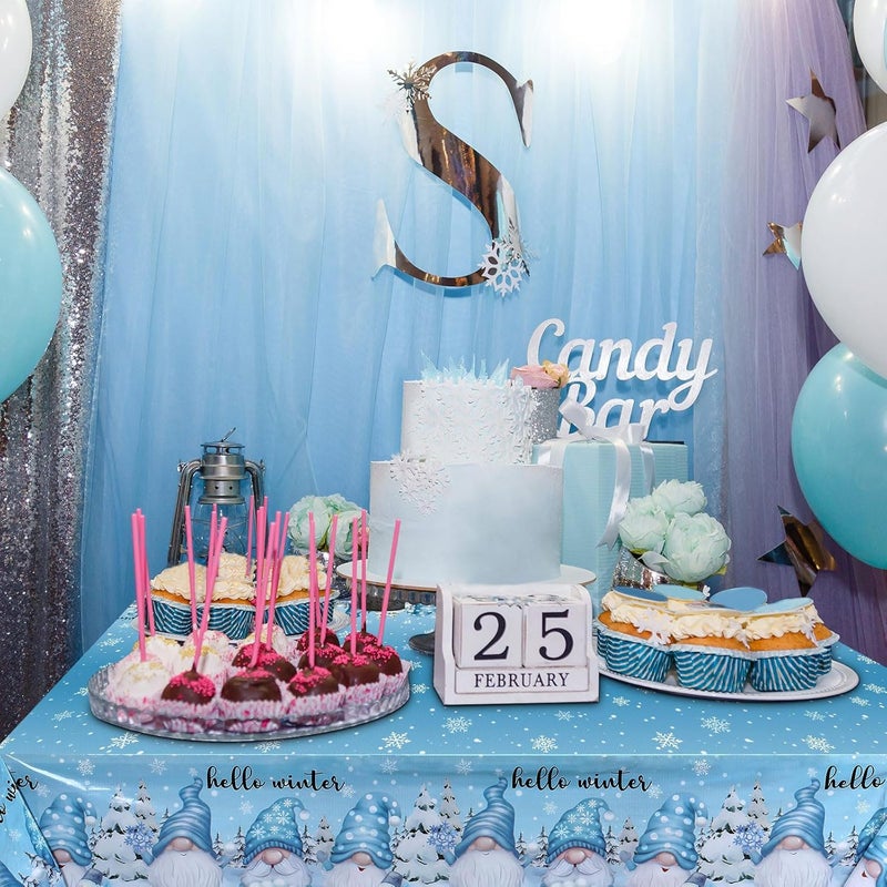 Frienda Winter Gnome Tablecloth Hello Winter Snowflake Holiday Table Cover Disposable Tablecloth Plastic Table Clothes for Christmas Holiday Birthday Party Supplies 108 x 54 Inches6 Pcs - Image 4