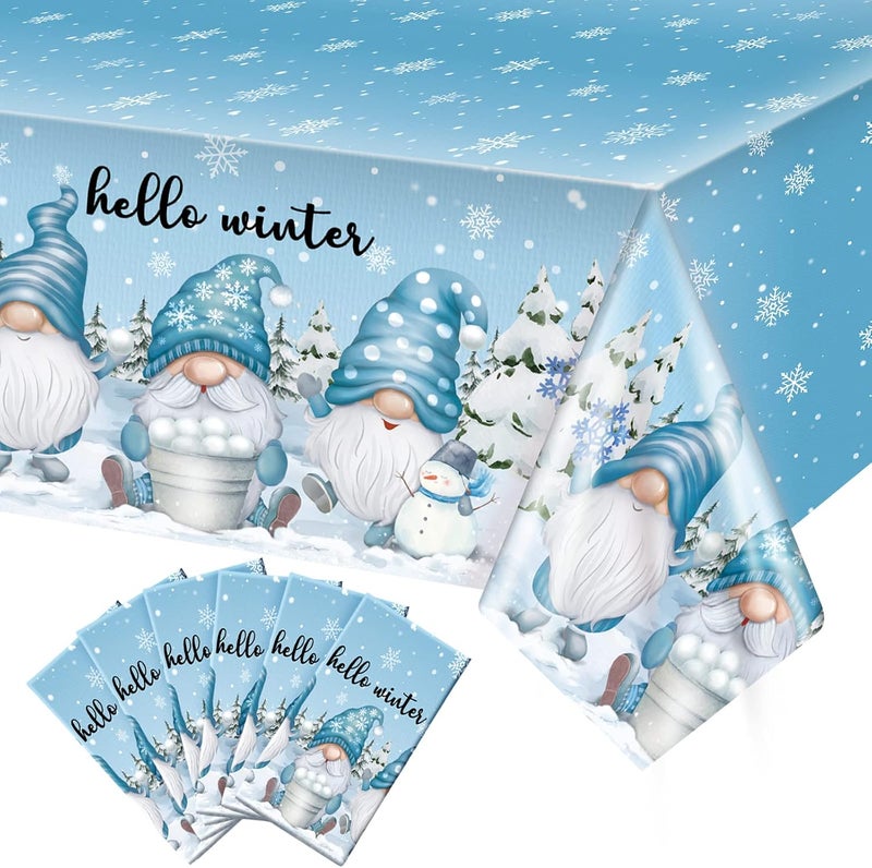 Frienda Winter Gnome Tablecloth Hello Winter Snowflake Holiday Table Cover Disposable Tablecloth Plastic Table Clothes for Christmas Holiday Birthday Party Supplies 108 x 54 Inches6 Pcs - Image 1
