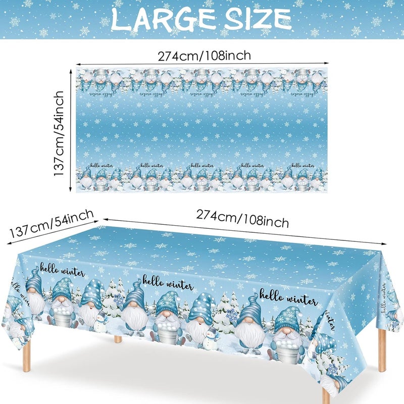 Frienda Winter Gnome Tablecloth Hello Winter Snowflake Holiday Table Cover Disposable Tablecloth Plastic Table Clothes for Christmas Holiday Birthday Party Supplies 108 x 54 Inches6 Pcs - Image 2