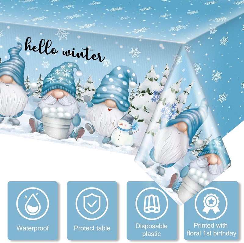 Frienda Winter Gnome Tablecloth Hello Winter Snowflake Holiday Table Cover Disposable Tablecloth Plastic Table Clothes for Christmas Holiday Birthday Party Supplies 108 x 54 Inches6 Pcs - Image 5