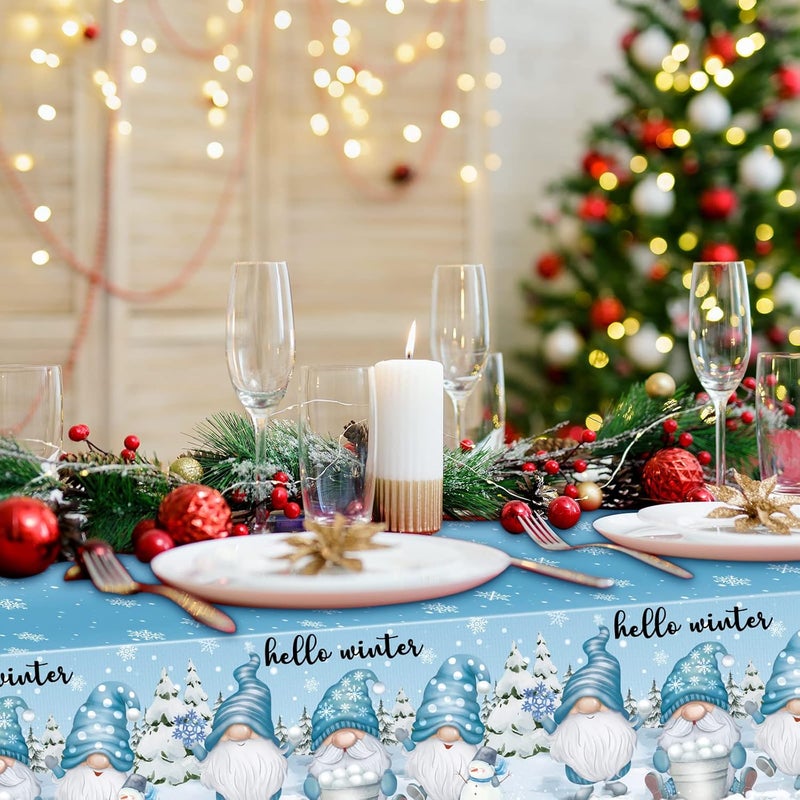 Frienda Winter Gnome Tablecloth Hello Winter Snowflake Holiday Table Cover Disposable Tablecloth Plastic Table Clothes for Christmas Holiday Birthday Party Supplies 108 x 54 Inches6 Pcs - Image 3