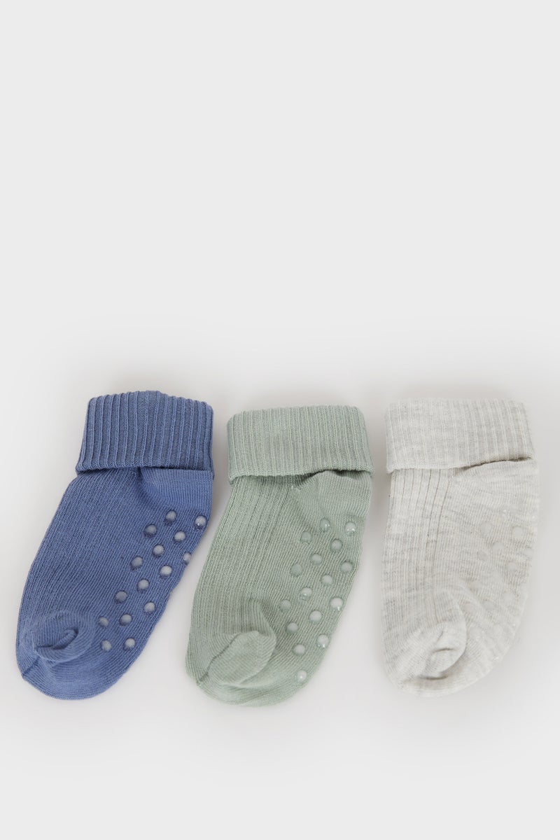 DeFacto Blue BabyBoy Baby Boy Non-Slip Sole 3 Piece Cotton Long Socks Casual - Image 1