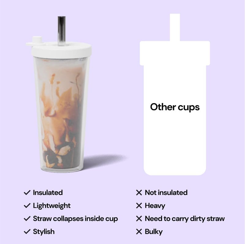 Dodoko Reusable Boba Cup with Resealable Lid Plug - 17 Oz Double Wall Insulated | Smoothie Tumbler | Wide Stainless Steel Straw For Bubble Tea  Boba Pearls - White - Image 4