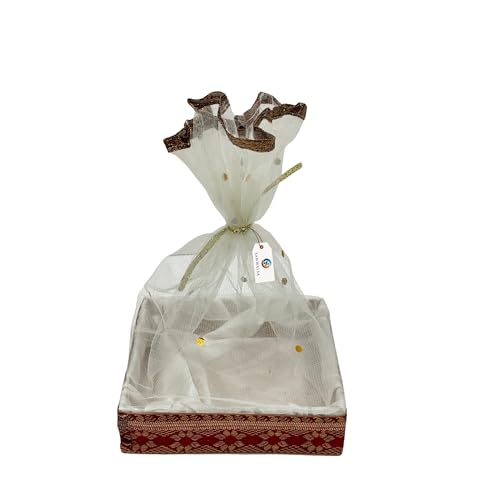 SANWALSA (Small, 8x8x2 inch, Square MDF Base Designer Gift Hamper Packaging Baskets with Net Cover, Gift Hamper Organiser perfect for any occasion (White) - Image 1