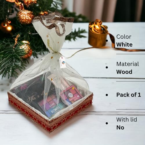 SANWALSA (Small, 8x8x2 inch, Square MDF Base Designer Gift Hamper Packaging Baskets with Net Cover, Gift Hamper Organiser perfect for any occasion (White) - Image 2