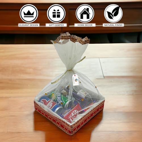SANWALSA (Small, 8x8x2 inch, Square MDF Base Designer Gift Hamper Packaging Baskets with Net Cover, Gift Hamper Organiser perfect for any occasion (White) - Image 3