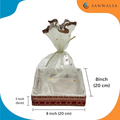 SANWALSA (Small, 8x8x2 inch, Square MDF Base Designer Gift Hamper Packaging Baskets with Net Cover, Gift Hamper Organiser perfect for any occasion (White) - Image 4