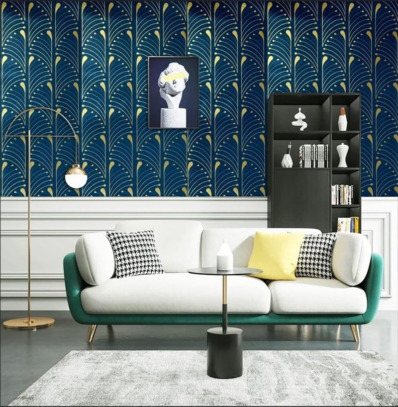 Veki Luxury Floral & Botanical Geometric Wallpaper Mural – Waterproof, Moisture-Proof, Self-Adhesive PVC Wall Sticker for Home & Hotel Decoration (45cm x 300cm) (Blue Curve) - Image 2