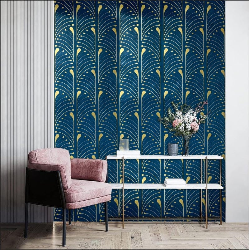 Veki Luxury Floral & Botanical Geometric Wallpaper Mural – Waterproof, Moisture-Proof, Self-Adhesive PVC Wall Sticker for Home & Hotel Decoration (45cm x 300cm) (Blue Curve) - Image 3