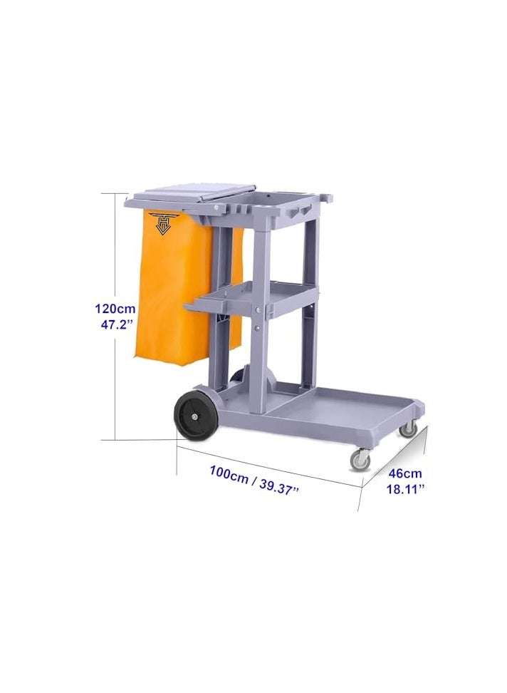 VINSTAR Cleaning Cart Grey Large (120 x 46 x 100cm) 3-Shelf Janitorial Cleaning Trolley, 99kg Capacity Plastic Housekeeping Utility Cart, with 100 LTR PVC Removable Bag - Image 3