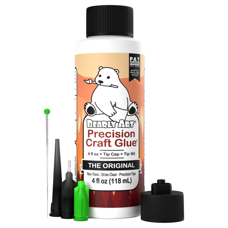 Bearly Art Precision Craft Glue - The Original - 4fl oz - Tip Kit Included - Dries Clear - Metal Tip - Wrinkle Resistant - Flexible and Crack Resistant - Strong Hold Adhesive - Made in USA - Image 1