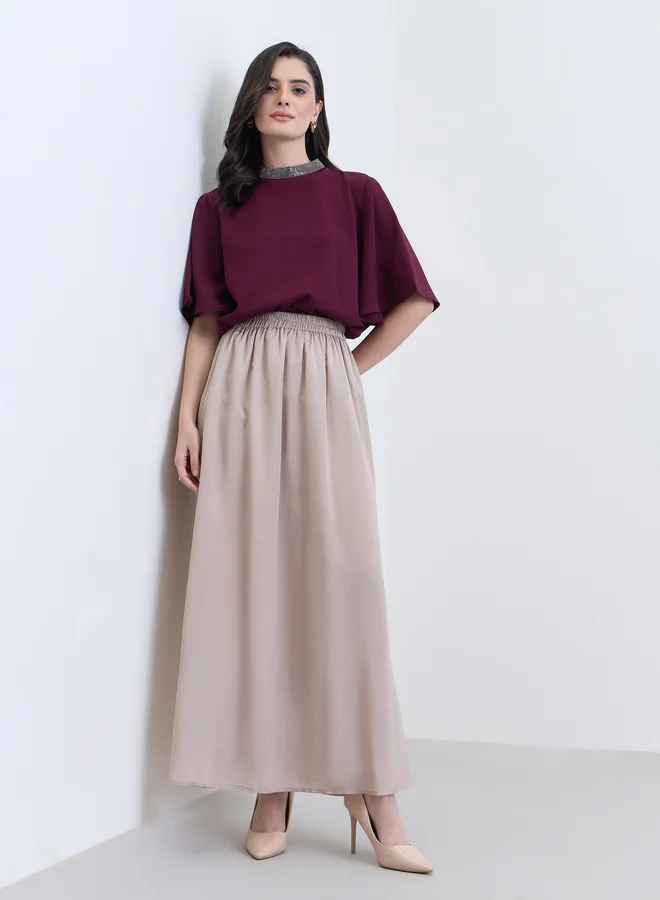 Beige Solid A-Line Maxi Skirt