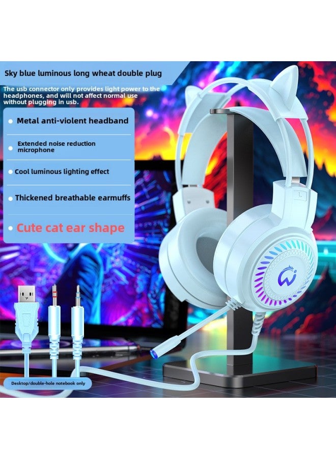 Computer Headset USB Headset E-sports Game Wired Headset Noise Reduction Microphone Desktop Notebook 7.1 Channel-Color:[blue Luminous Cat Ear Version] Dual 3.5mm + Usb Power Supply Version  - Image 1