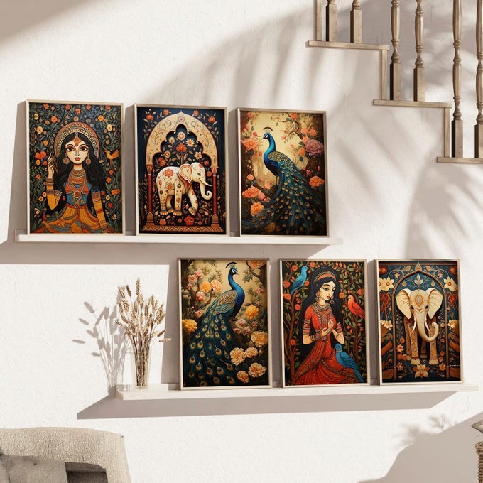 WOOD MADHUBANIPICHWAI ART PAINTING FOR LIVING ROOMPAINTING FOR WALL DECORATION 10 INCH X 13 INCH SET 6 CATE C