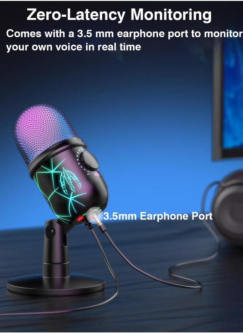 Arabest - USB Microphone, Plug and Play Gaming Mic for PC, Mac, PS4/5, Podcast Microphone with RGB, Mute, Monitor, Noise Reduction, Volume Gain, Great for Recording, Streaming - Image 1