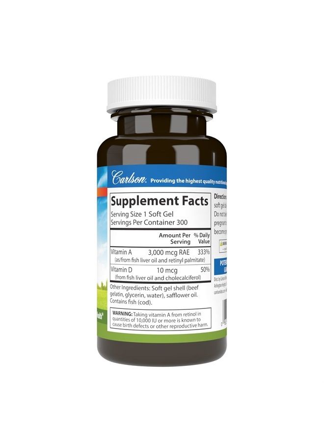 A & D, 10000 IU (3000 mcg RAE) Vitamin A, 400 IU (10 mcg) Vitamin D3, Vision Support, Skin Health, 300 Soft Gels