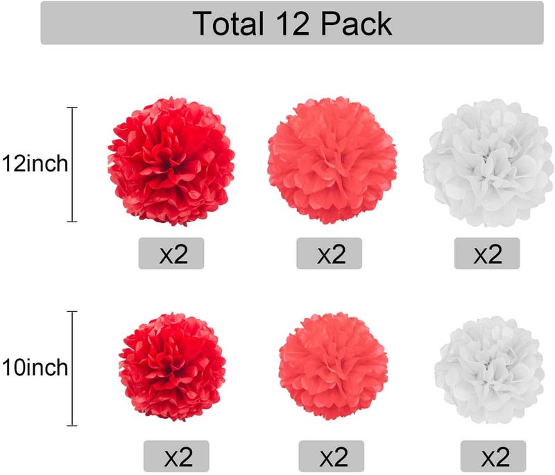 GAKA Red and White Tissue Paper Pom Poms, 12Pcs Hanging Pom Poms Flower Ball Decoration for Birthday Bridal Shower Party Supply(10 inch and 12 inch) - Image 2