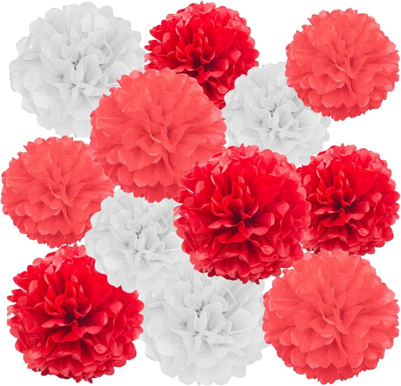 GAKA Red and White Tissue Paper Pom Poms, 12Pcs Hanging Pom Poms Flower Ball Decoration for Birthday Bridal Shower Party Supply(10 inch and 12 inch) - Image 1