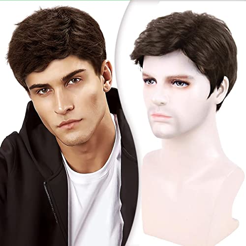 Creamily Brown Short Hair Wig for Mens Natural Hair,Layered Fluffy Hair Wigs,Full Hair Wig Synthetic for Men Party Daily - Image 1