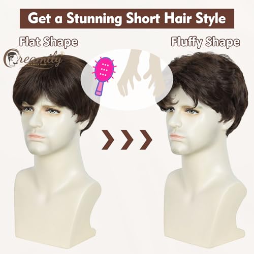 Creamily Brown Short Hair Wig for Mens Natural Hair,Layered Fluffy Hair Wigs,Full Hair Wig Synthetic for Men Party Daily - Image 5