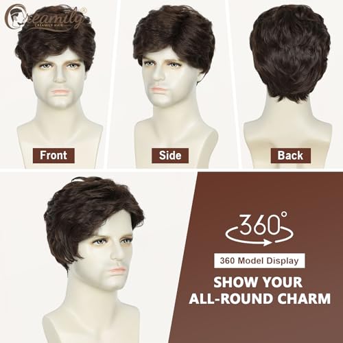 Creamily Brown Short Hair Wig for Mens Natural Hair,Layered Fluffy Hair Wigs,Full Hair Wig Synthetic for Men Party Daily - Image 3
