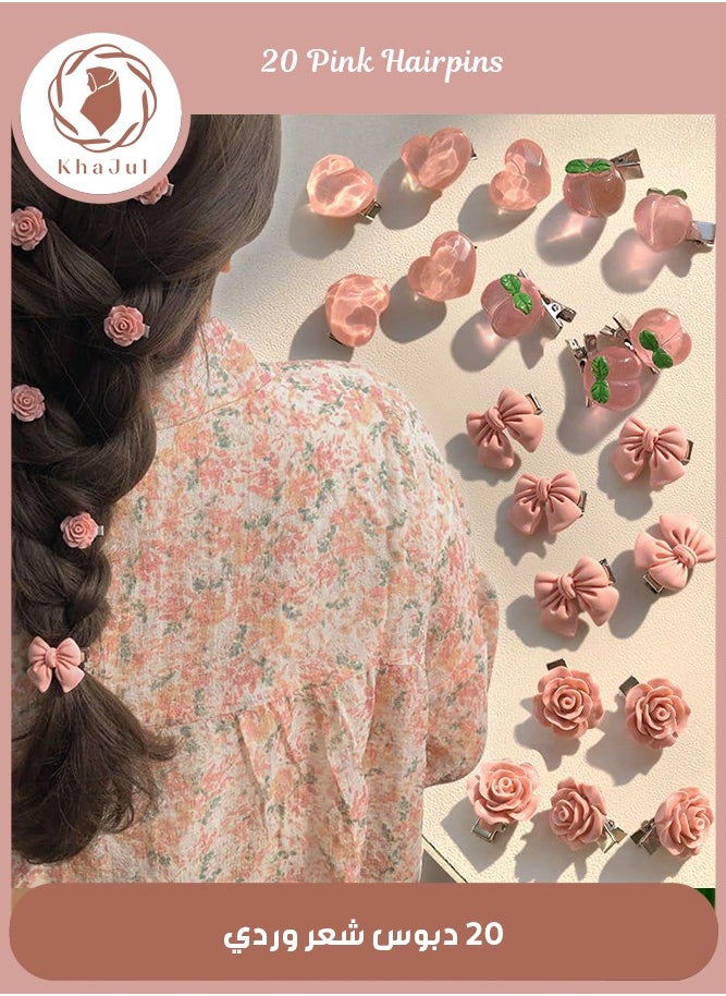 KHAJUL 20-Piece Small Hair Clips,Cute Hair Pins Pink Hair Clips,Heart Rose Peach Bow Hair Barrettes Mini Hair Clips for Women girl (Pink)  - Image 1