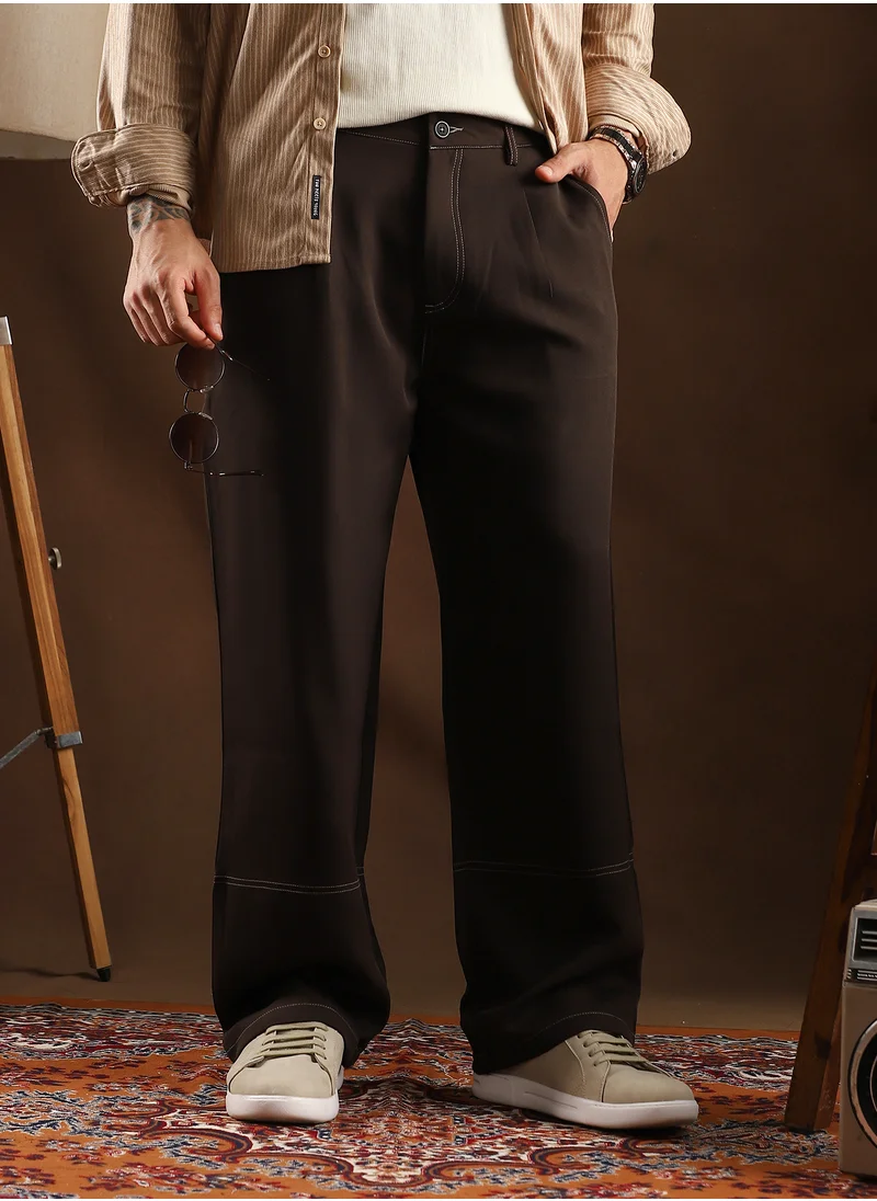 Campus Sutra Campus Sutra Men's Coffee Brown Contrast-Stitch Straight Trousers For Casual Wear | Mid-Rise | Straight Fit | Button Closure | Trousers Crafted With Comfort Fit For Everyday Wear