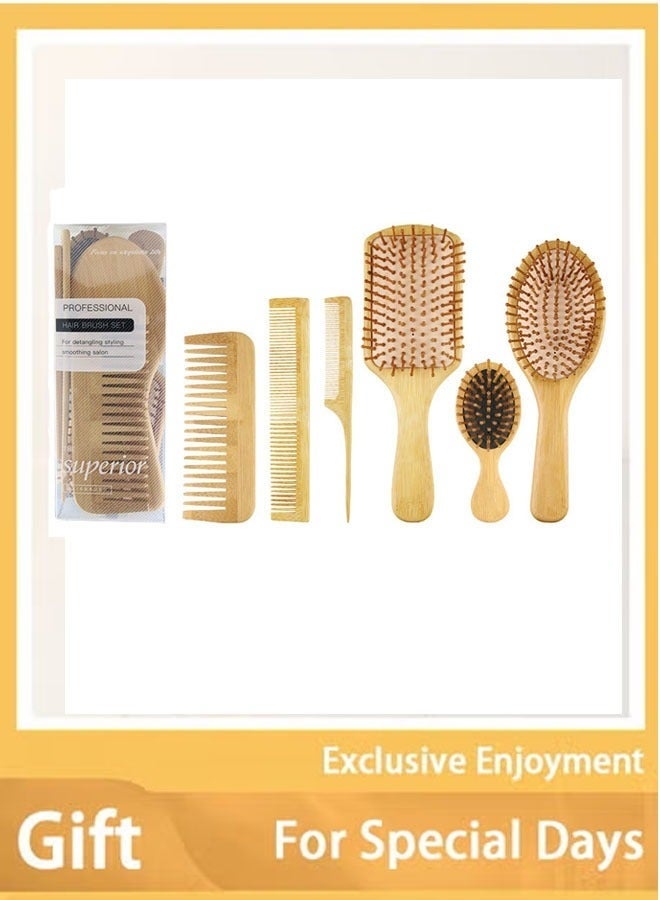 Natural Bamboo Comb Set Wooden Massage Hair Brush with Wide Tooth Comb and Grooming Comb for Women Men and Kids, Reduce Frizz and Massage Scalp - Image 1