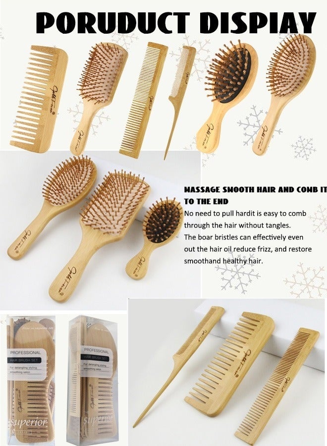 Natural Bamboo Comb Set Wooden Massage Hair Brush with Wide Tooth Comb and Grooming Comb for Women Men and Kids, Reduce Frizz and Massage Scalp - Image 3