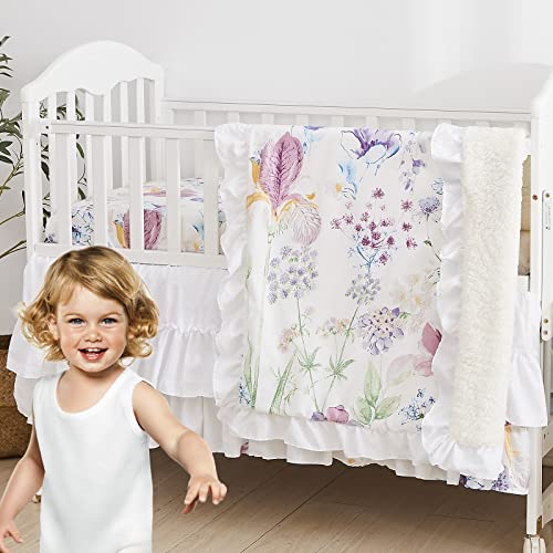 Brandream Gilrs Floral Bedding Boho Baby Bedding Watercolor Farmhouse Nursery Crib Blanket Set 3 Piece Fitted Sheet Skirt - Image 3