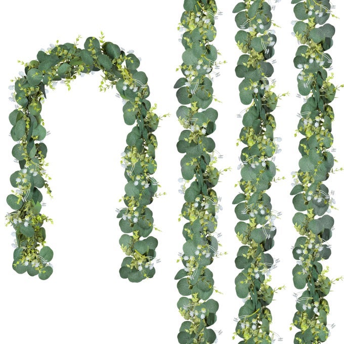 4 PACK 59FT EUCALYPTUS GARLANDARTIFICIAL EUCALYPTUS FLOWERS LEAVES TABLE GREENERY GARLAND WREATH VINES FOR WEDDING PARTY TABLE FIREPLACE BEDROOM WALL ROOM DECOR