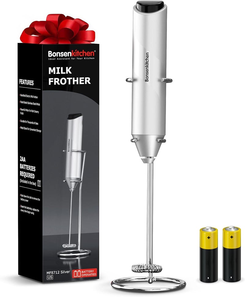 Bonsenkitchen Milk Frother Hanheld with Stand, Electric Coffee Frother, Portable Hand Frother Wand Drink Mixer for Matcha Lattes Cappuccino, Kitchen Gifts (Battery Included) - Image 1