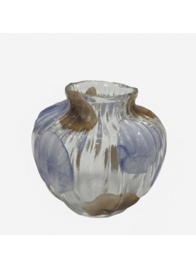 AKDC Compact Transparent Glass Vase with Classic Brown & Blue Pattern – 16×18 cm Home Decoration - Image 2