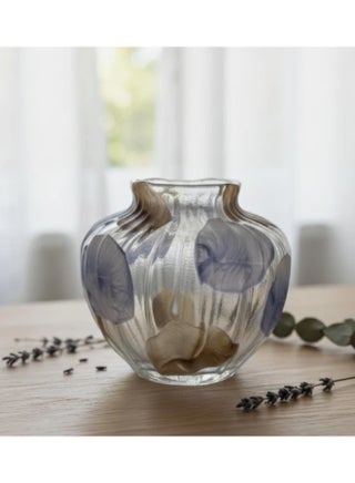 AKDC Compact Transparent Glass Vase with Classic Brown & Blue Pattern – 16×18 cm Home Decoration