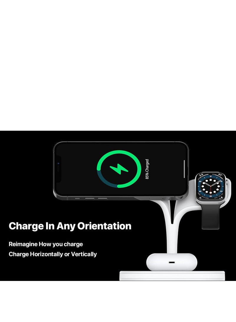 5 in 1 Magnetic Wireless Charger 15W Fast Charging Station Phone Holder For Magsafe iPhone 16 15 14 13 12 Pro Max for Apple Watch Airpods Compatible Multiple Device Charger Night Table lamp Stand (B