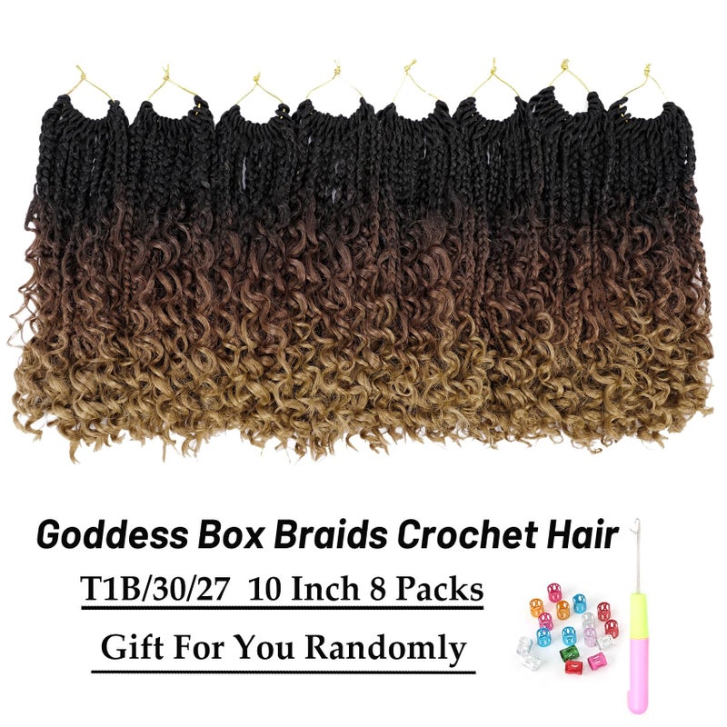 Eerya Goddess Box Braids Crochet Hair 10 Inch 8 Packs Pre-looped Bohemian Crochet Boho Box Braids With Curly Ends 3X Crochet Braids Hair for Women Synthetic Braiding Hair (10 inch, T1B/30/27) - Image 2