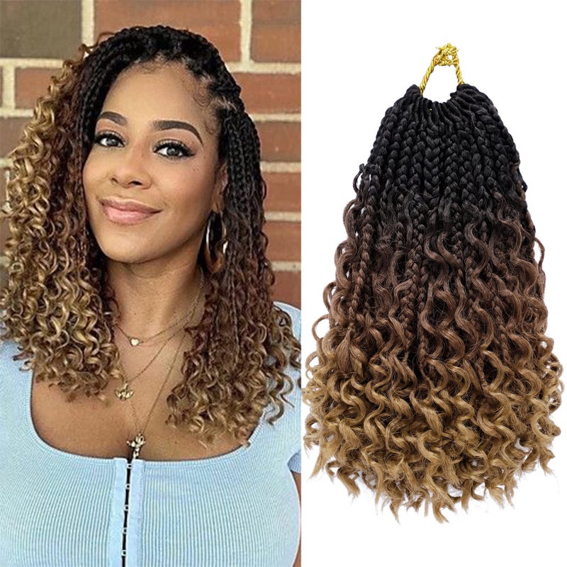 Eerya Goddess Box Braids Crochet Hair 10 Inch 8 Packs Pre-looped Bohemian Crochet Boho Box Braids With Curly Ends 3X Crochet Braids Hair for Women Synthetic Braiding Hair (10 inch, T1B/30/27) - Image 1